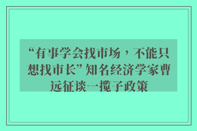 “有事学会找市场，不能只想找市长” 知名经济学家曹远征谈一揽子政策